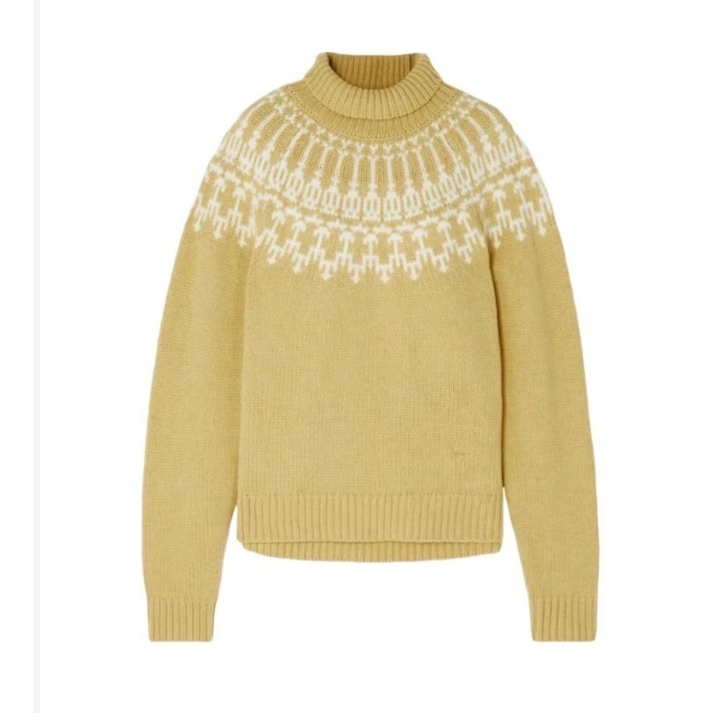 Tory Burch Sweater Fair Isle Merino Wool Jojoba Yellow Nordic Chunky XS Ski